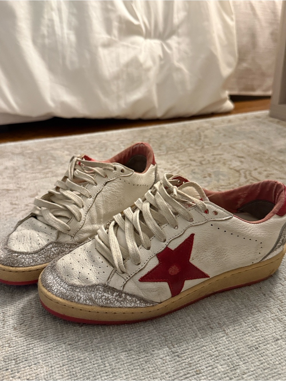 Golden Goose White Leather Sneakers with Red Star
